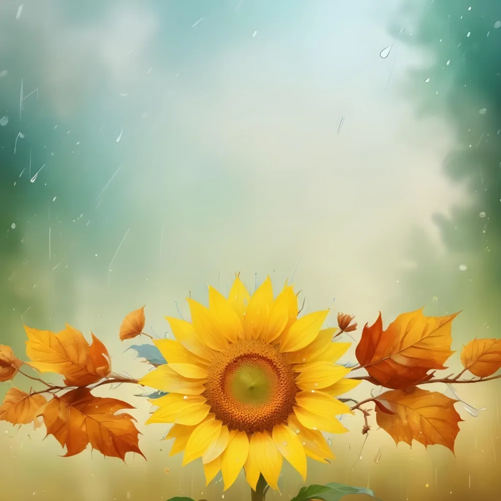 A Sunflower With Autumn Leaves And Acorns In A Rainy Day The Background Is Blurred With Green And Blue Tones 57 0455