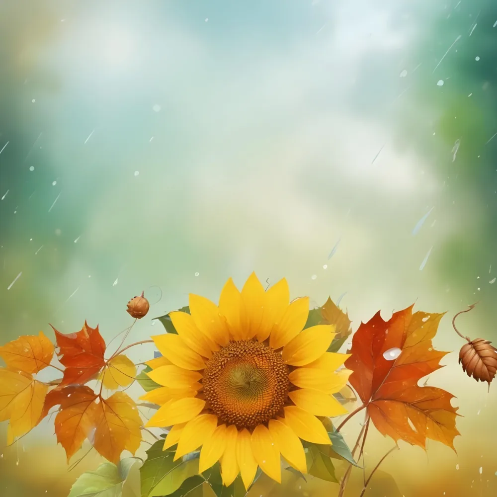 A Sunflower With Autumn Leaves And Acorns In A Rainy Day The Background Is Blurred With Green And Blue Tones 6 76b2