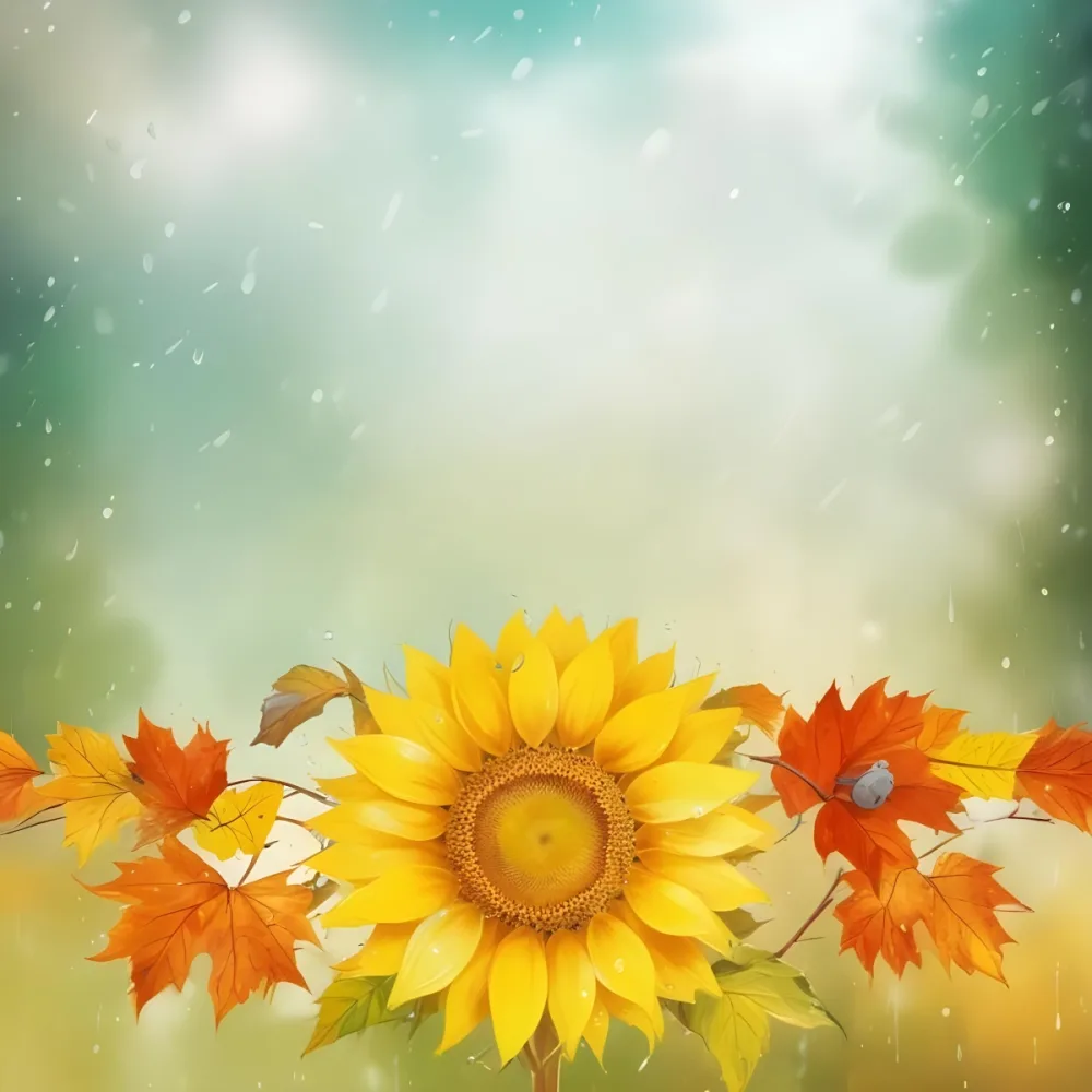 A Sunflower With Autumn Leaves And Acorns In A Rainy Day The Background Is Blurred With Green And Blue Tones 60 C2f3