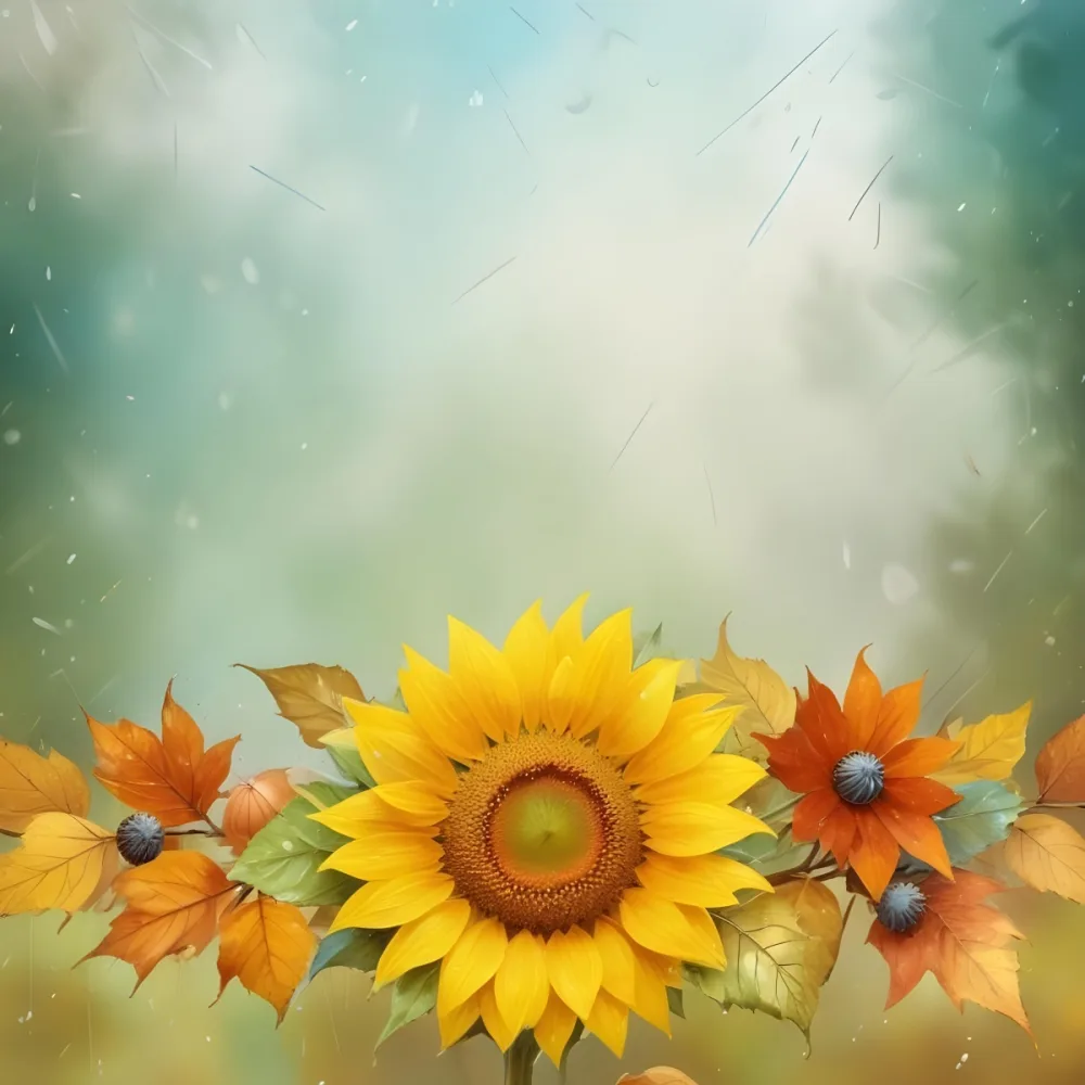 A Sunflower With Autumn Leaves And Acorns In A Rainy Day The Background Is Blurred With Green And Blue Tones 61 5748