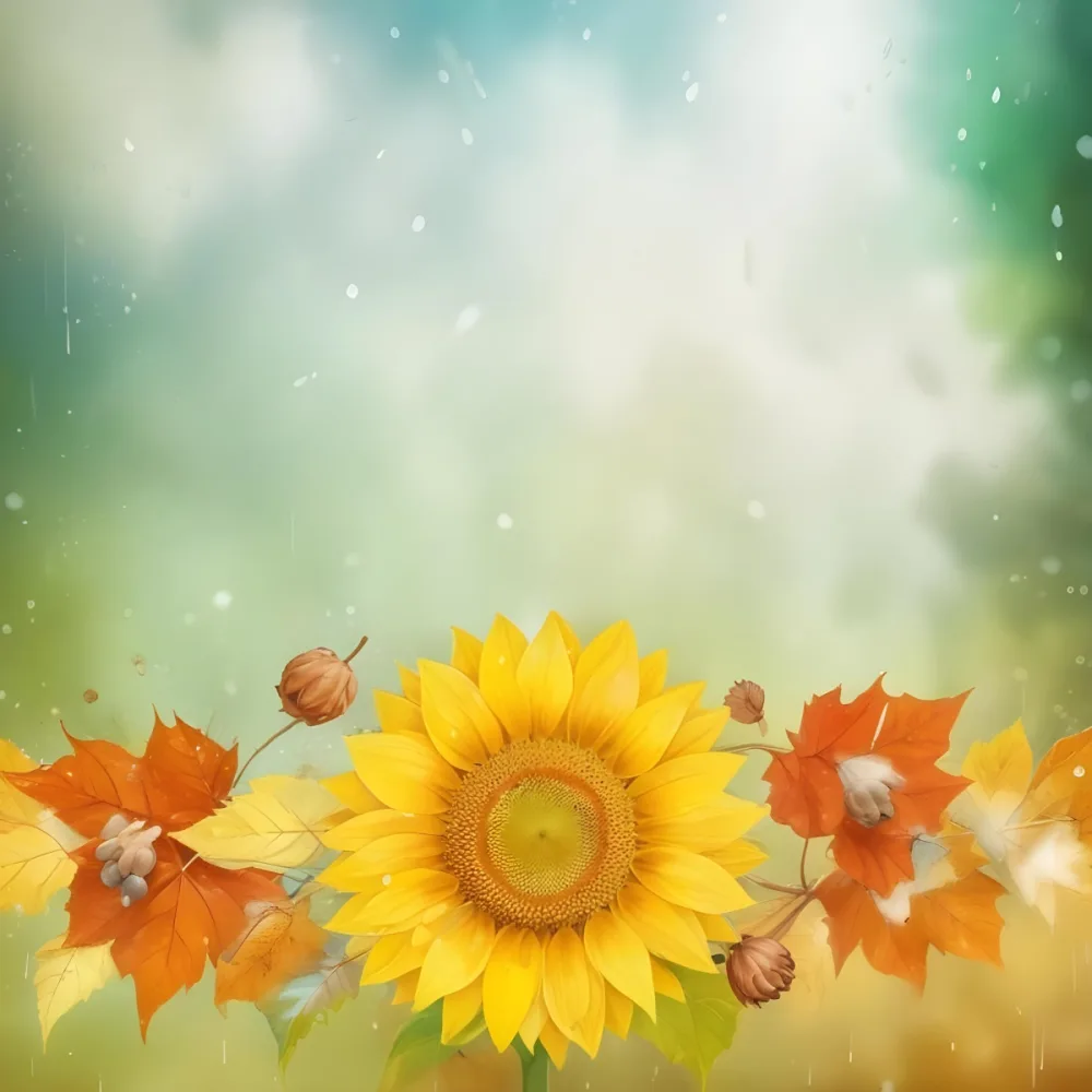 A Sunflower With Autumn Leaves And Acorns In A Rainy Day The Background Is Blurred With Green And Blue Tones 9 Dc22