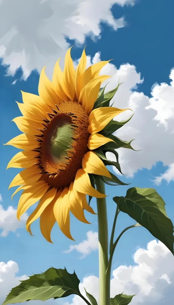 A Sunflower With White Petals And A White Center White Stem And Leaves Against A Blue Sky With White Clouds 43 536a