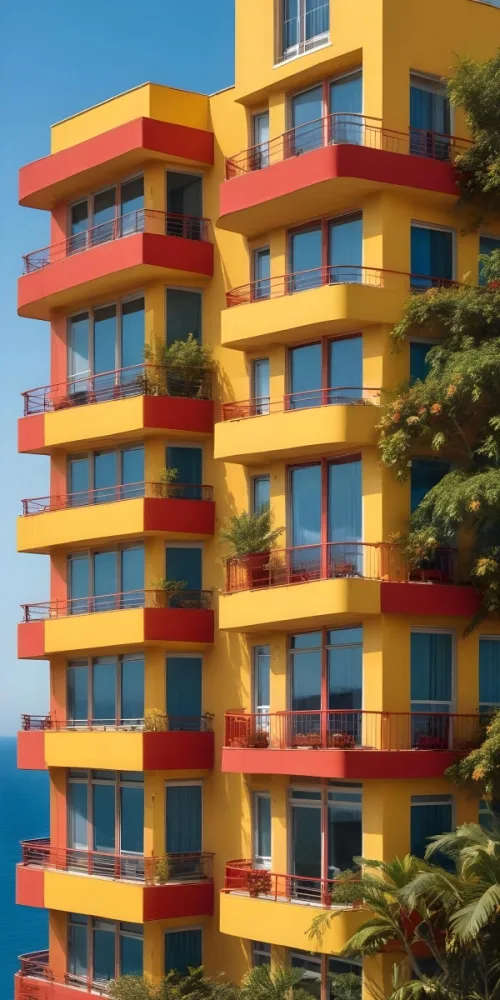 A Tall Building With Yellow And Red Walls Red Windows And Balconies With Plants In Front Of The Ocean With A Blue Sky 19 6aa3