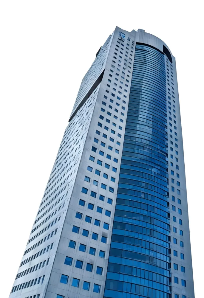 A Tall Skyscraper With A Modern Design Featuring A Combination Of Glass And Concrete With A Blue Tint Isolated On White Background 14 Ba06