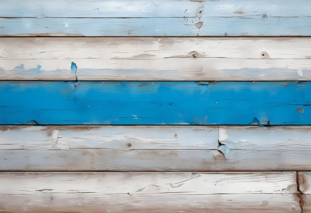 A Weathered Wooden Surface With Peeling White And Blue Paint Horizontal Planks Rustic Texture Aged Appearance Vintage Charm 17 A906