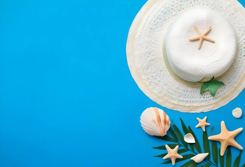 A White Hat A Seashell A Starfish And A Green Leaf On A Green Background 16 56f5
