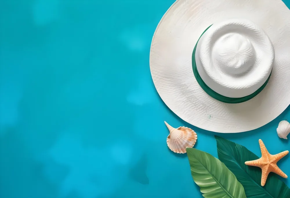 A White Hat A Seashell A Starfish And A Green Leaf On A Green Background 7 4117