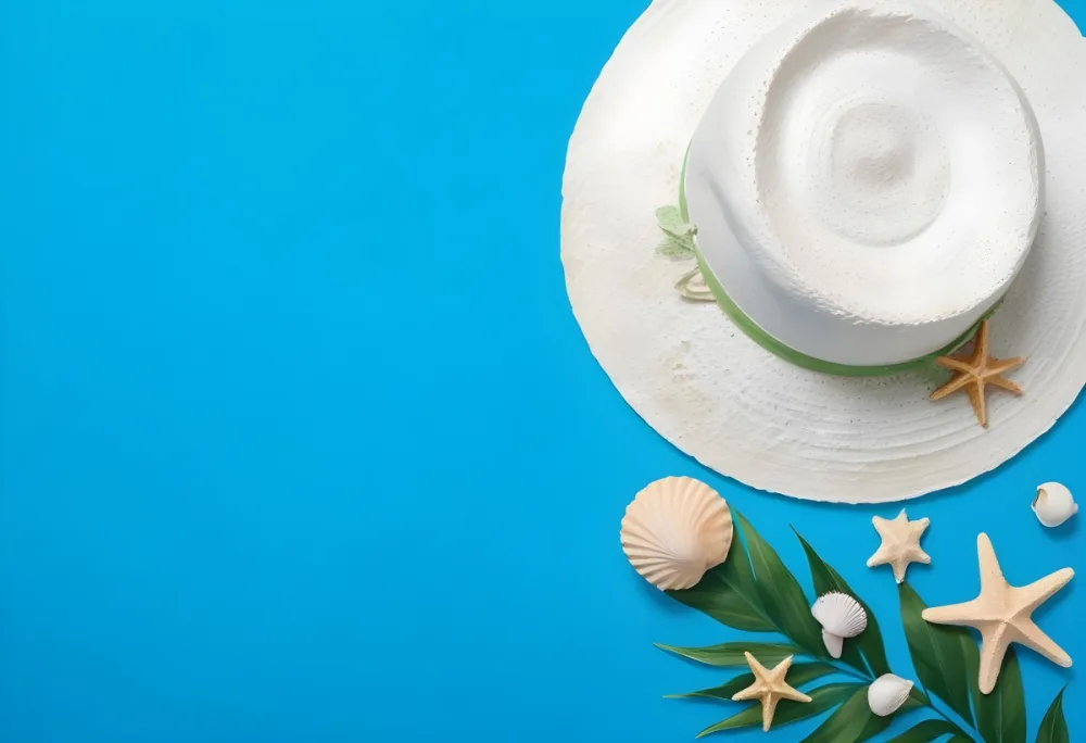 A White Hat A Seashell A Starfish And A Green Leaf On A Green Background 8 1929