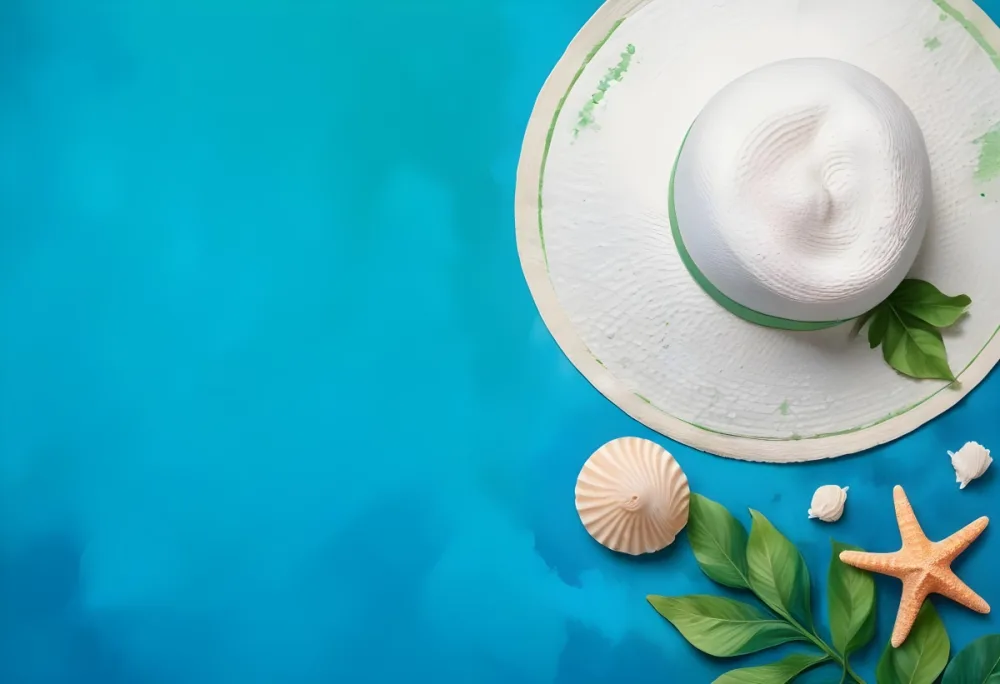A White Hat A Seashell A Starfish And A Green Leaf On A Green Background 9 0456