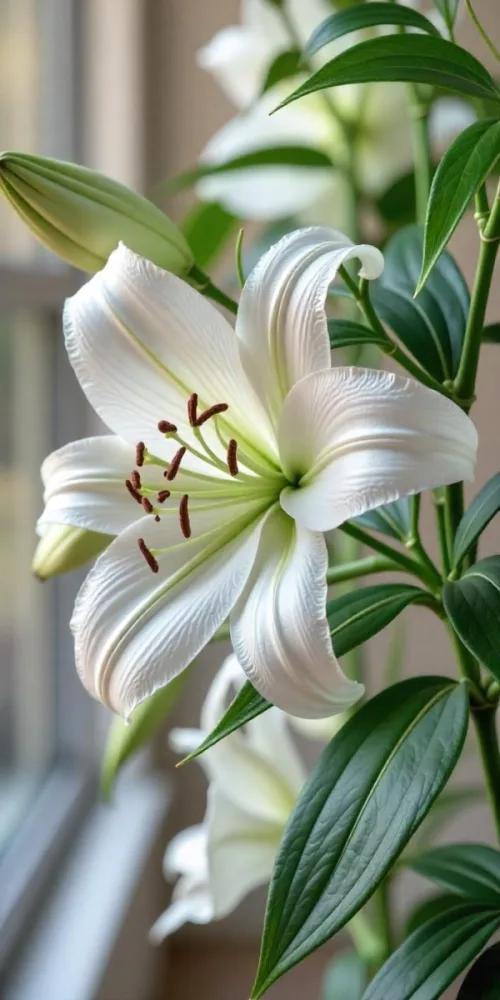 A White Lily Flower With Green Leaves Close Up Shot Pistils And Stamens Visible Soft Lighting Against A Blurred Background Elegant And Pure Nature Photography 1 C2cc