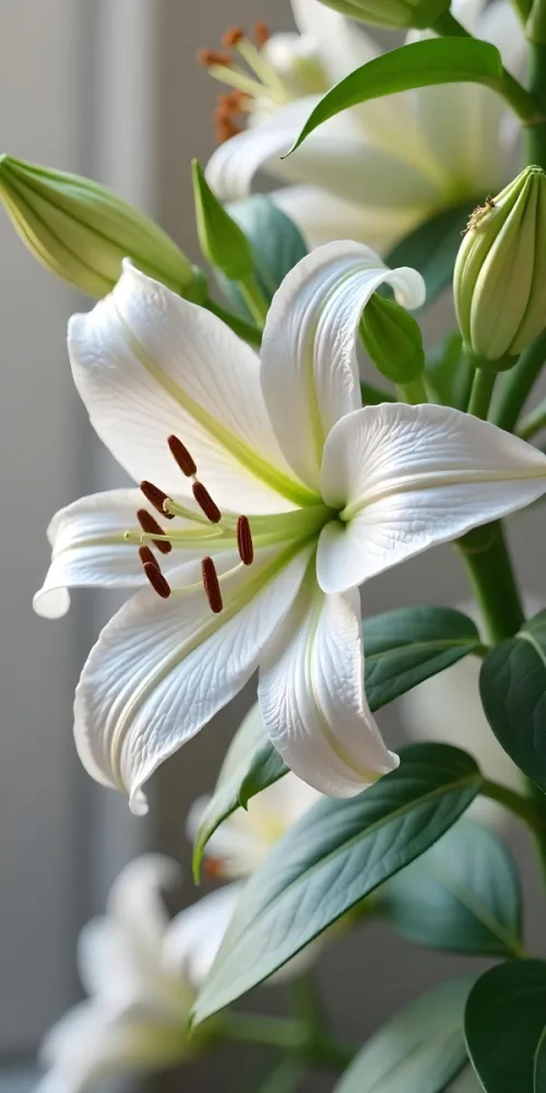 A White Lily Flower With Green Leaves Close Up Shot Pistils And Stamens Visible Soft Lighting Against A Blurred Background Elegant And Pure Nature Photography 16 8024