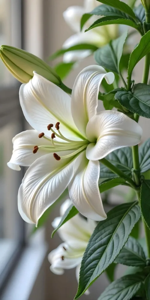 A White Lily Flower With Green Leaves Close Up Shot Pistils And Stamens Visible Soft Lighting Against A Blurred Background Elegant And Pure Nature Photography 29 Ad4d