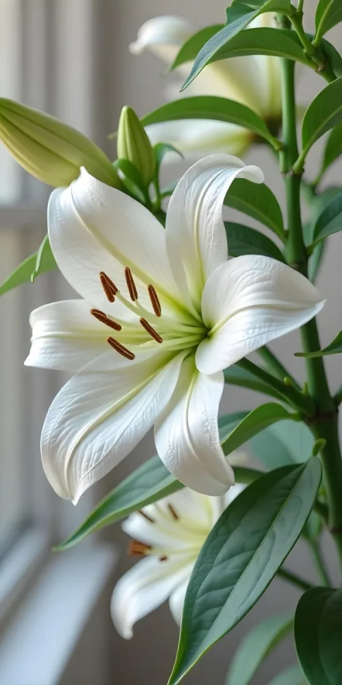 A White Lily Flower With Green Leaves Close Up Shot Pistils And Stamens Visible Soft Lighting Against A Blurred Background Elegant And Pure Nature Photography 32 2b3d