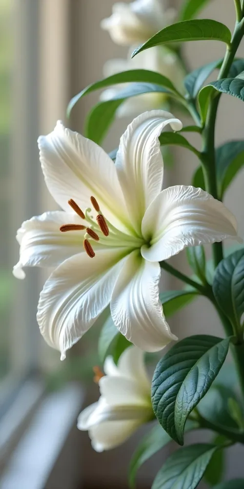 A White Lily Flower With Green Leaves Close Up Shot Pistils And Stamens Visible Soft Lighting Against A Blurred Background Elegant And Pure Nature Photography 33 7666