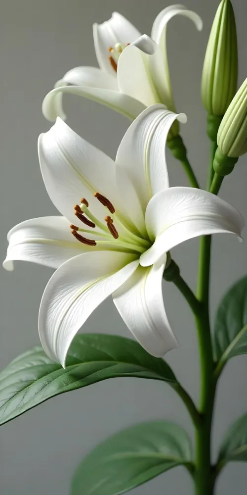 A White Lily Flower With Green Leaves Close Up Shot Pistils And Stamens Visible Soft Lighting Against A Blurred Background Elegant And Pure Nature Photography 34 580f