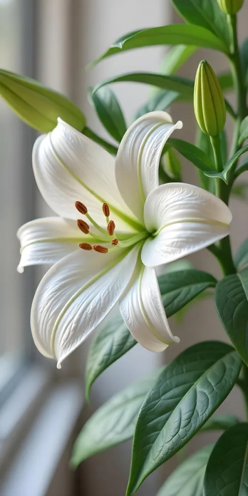 A White Lily Flower With Green Leaves Close Up Shot Pistils And Stamens Visible Soft Lighting Against A Blurred Background Elegant And Pure Nature Photography 35 Ae1d