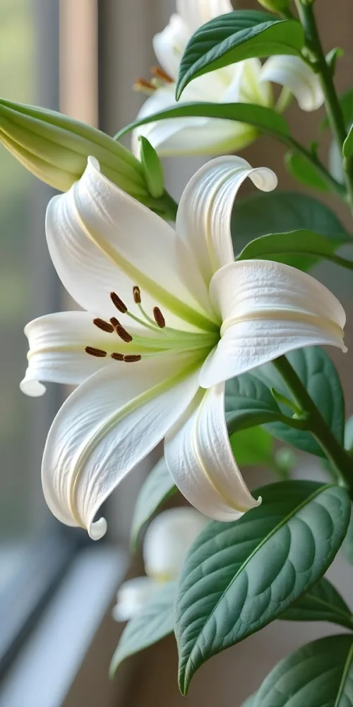 A White Lily Flower With Green Leaves Close Up Shot Pistils And Stamens Visible Soft Lighting Against A Blurred Background Elegant And Pure Nature Photography 38 0b91