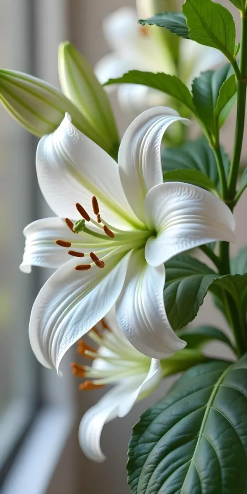 A White Lily Flower With Green Leaves Close Up Shot Pistils And Stamens Visible Soft Lighting Against A Blurred Background Elegant And Pure Nature Photography 4 4d81