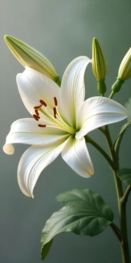 A White Lily Flower With Green Leaves Close Up Shot Pistils And Stamens Visible Soft Lighting Against A Blurred Background Elegant And Pure Nature Photography 7 0696