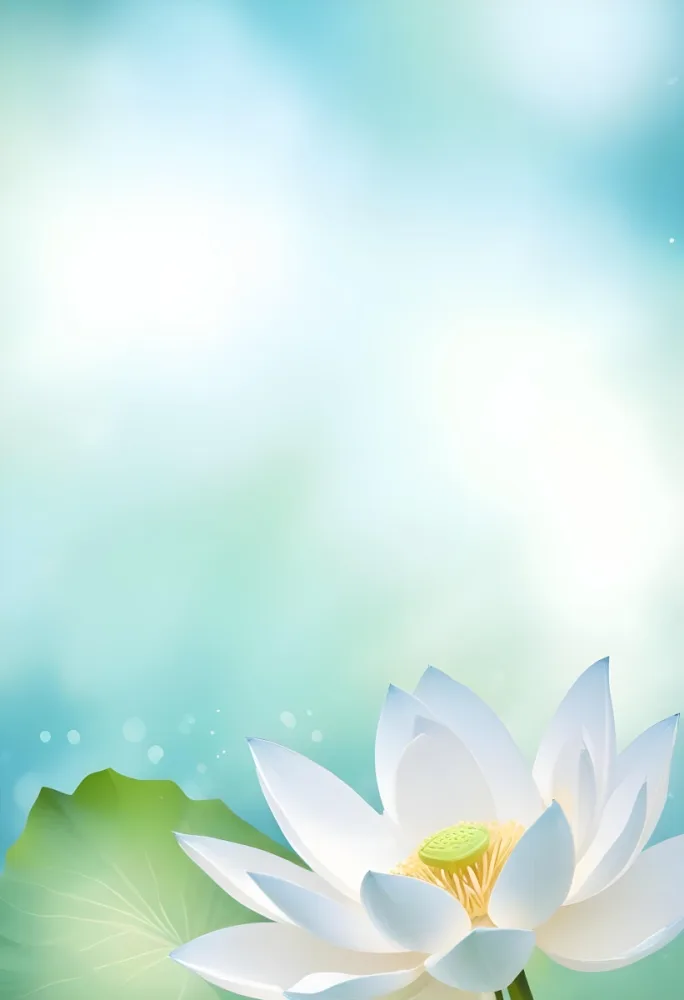A White Lotus Flower With A Blue Center And A White Leaf In The Bottom Left Corner Green Background With Green Bokeh 13 47ae