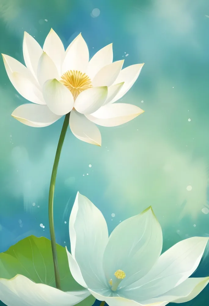 A White Lotus Flower With A Blue Center And A White Leaf In The Bottom Left Corner Green Background With Green Bokeh 16 1c79