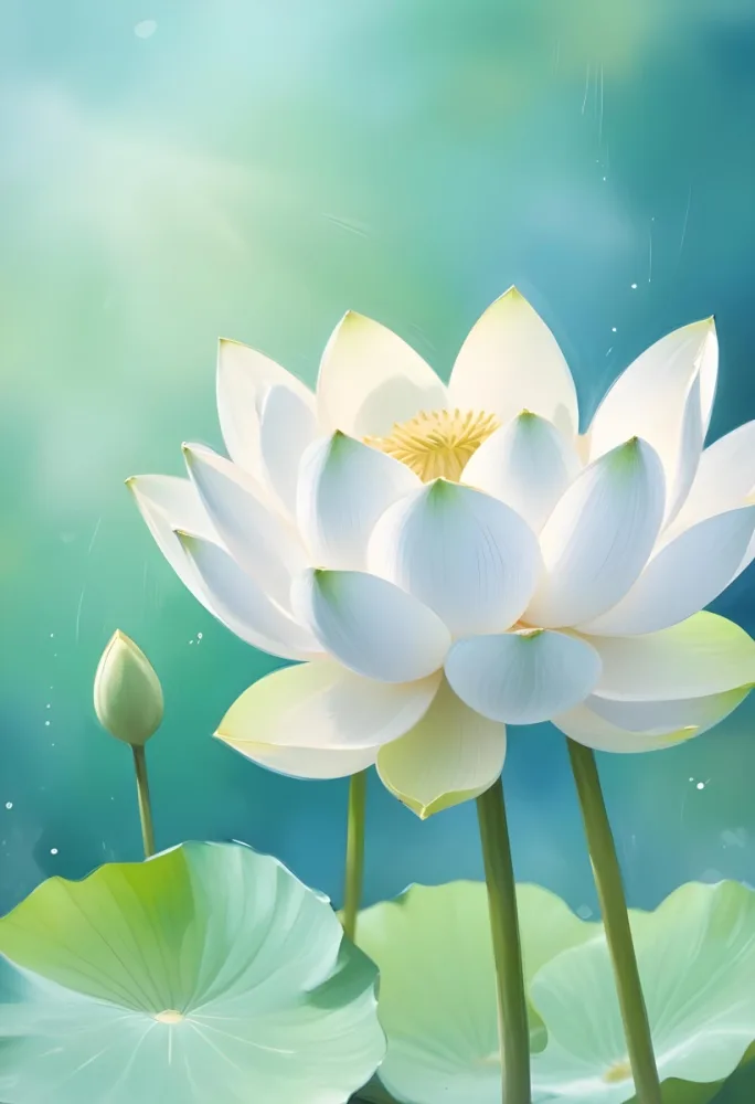 A White Lotus Flower With A Blue Center And A White Leaf In The Bottom Left Corner Green Background With Green Bokeh 18 7287