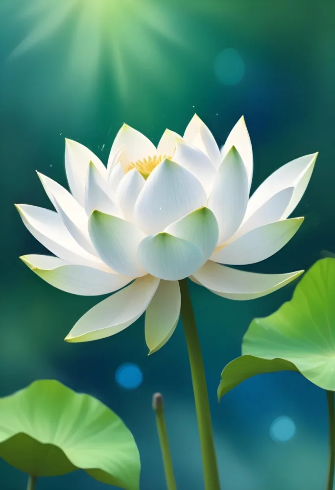 A White Lotus Flower With A Blue Center And A White Leaf In The Bottom Left Corner Green Background With Green Bokeh 19 6ab3