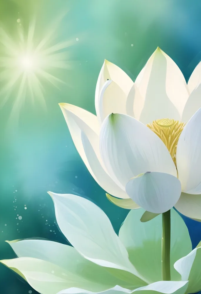 A White Lotus Flower With A Blue Center And A White Leaf In The Bottom Left Corner Green Background With Green Bokeh 23 B601