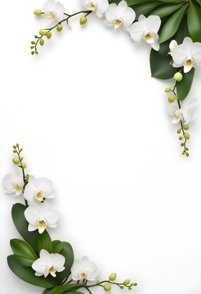 A White Orchid Flower With Green Leaves On A White Background 2 F111