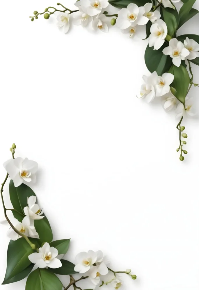 A White Orchid Flower With Green Leaves On A White Background 5 C8e7