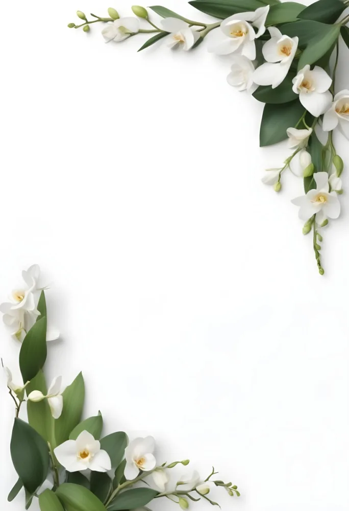 A White Orchid Flower With Green Leaves On A White Background 6 7a78