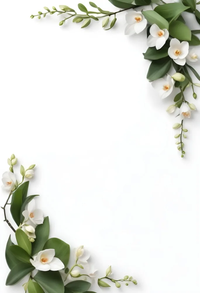 A White Orchid Flower With Green Leaves On A White Background 7 9bab