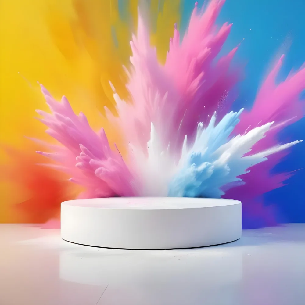 A White Podium In Front Of A Colorful Explosion Of Powder The Colors Are Yellow Pink Blue And White The Floor Is White And Shiny 8 7bf0