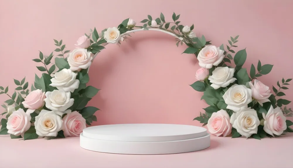 A White Podium With A Green Arch And White And Pink Roses Green Leaves Green Background Product Display Studio Shot Soft Lighting Pastel Colors 10 F3cd