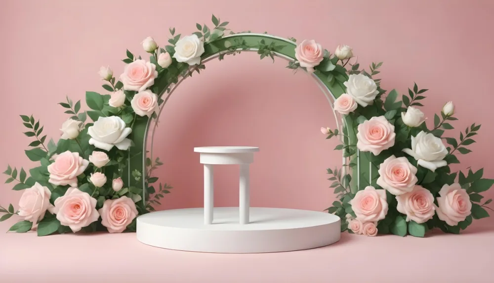 A White Podium With A Green Arch And White And Pink Roses Green Leaves Green Background Product Display Studio Shot Soft Lighting Pastel Colors 16 1971