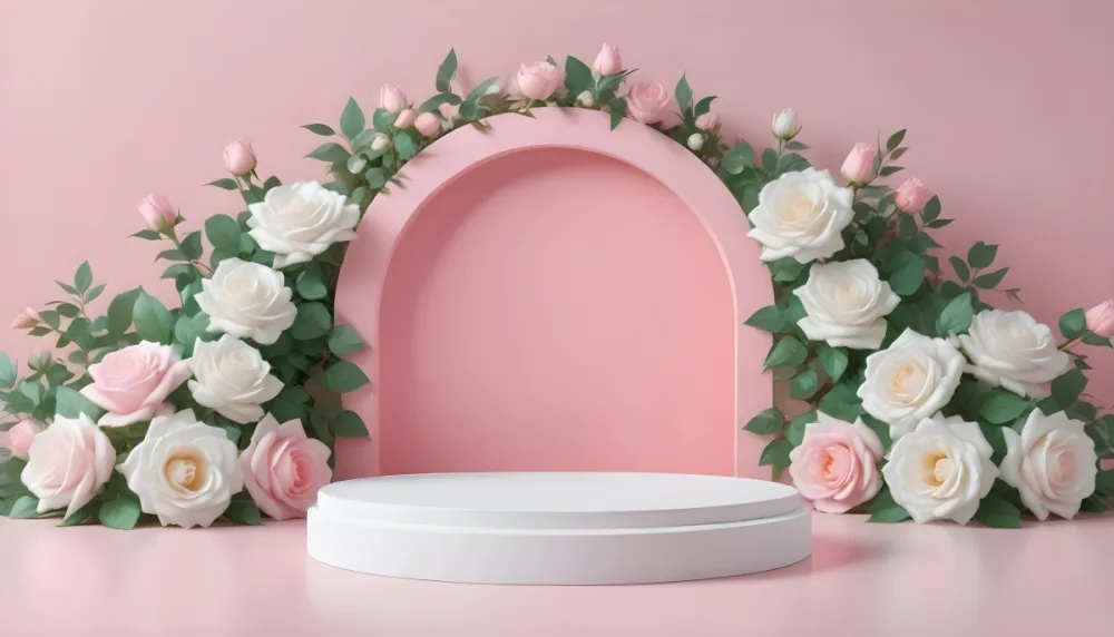A White Podium With A Green Arch And White And Pink Roses Green Leaves Green Background Product Display Studio Shot Soft Lighting Pastel Colors 17 2433