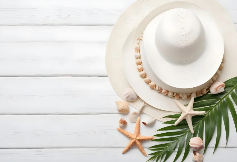 A White Straw Hat With Seashells And A Starfish On A White Wooden Surface Tropical Vacation Concept Summer Background 28 F23b
