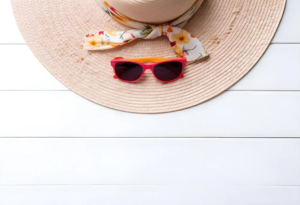 A White Sun Hat With A Floral Scarf And White Sunglasses On A White Wooden Surface Summer Vacation Concept Top View 11 7a5d