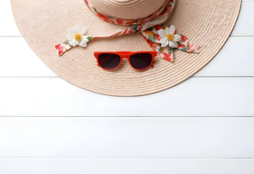 A White Sun Hat With A Floral Scarf And White Sunglasses On A White Wooden Surface Summer Vacation Concept Top View 13 B40d