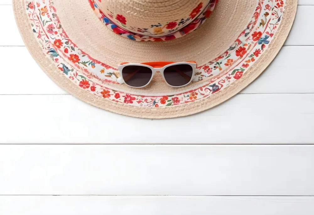 A White Sun Hat With A Floral Scarf And White Sunglasses On A White Wooden Surface Summer Vacation Concept Top View 16 A833
