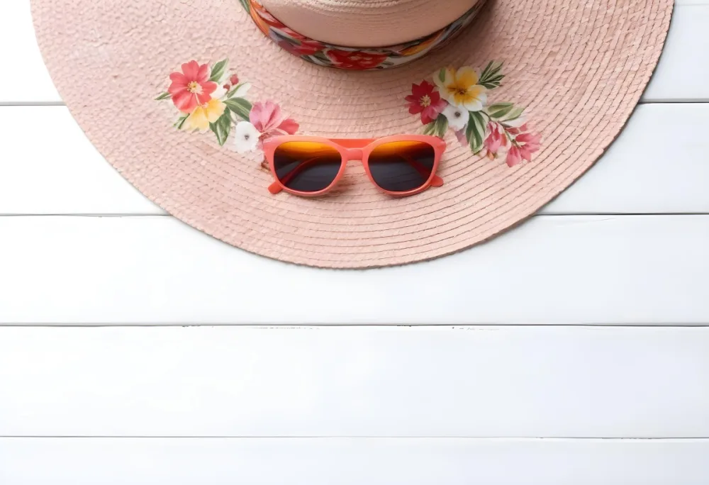 A White Sun Hat With A Floral Scarf And White Sunglasses On A White Wooden Surface Summer Vacation Concept Top View 17 73ce