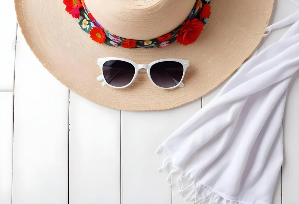 A White Sun Hat With A Floral Scarf And White Sunglasses On A White Wooden Surface Summer Vacation Concept Top View 18 79ea