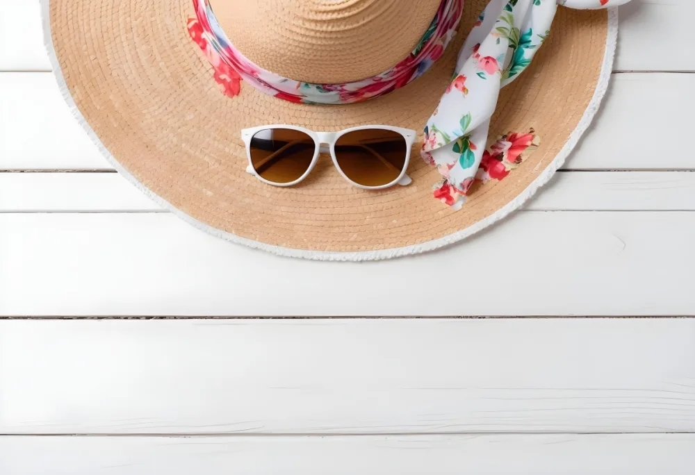 A White Sun Hat With A Floral Scarf And White Sunglasses On A White Wooden Surface Summer Vacation Concept Top View 2 4b0d