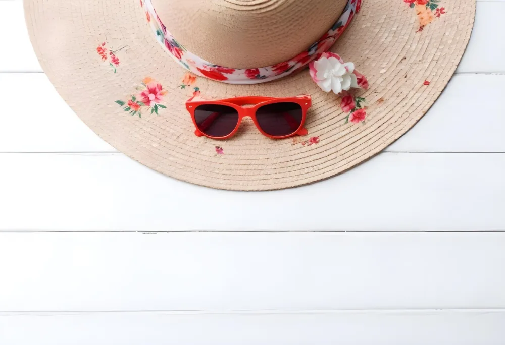 A White Sun Hat With A Floral Scarf And White Sunglasses On A White Wooden Surface Summer Vacation Concept Top View 22 C792