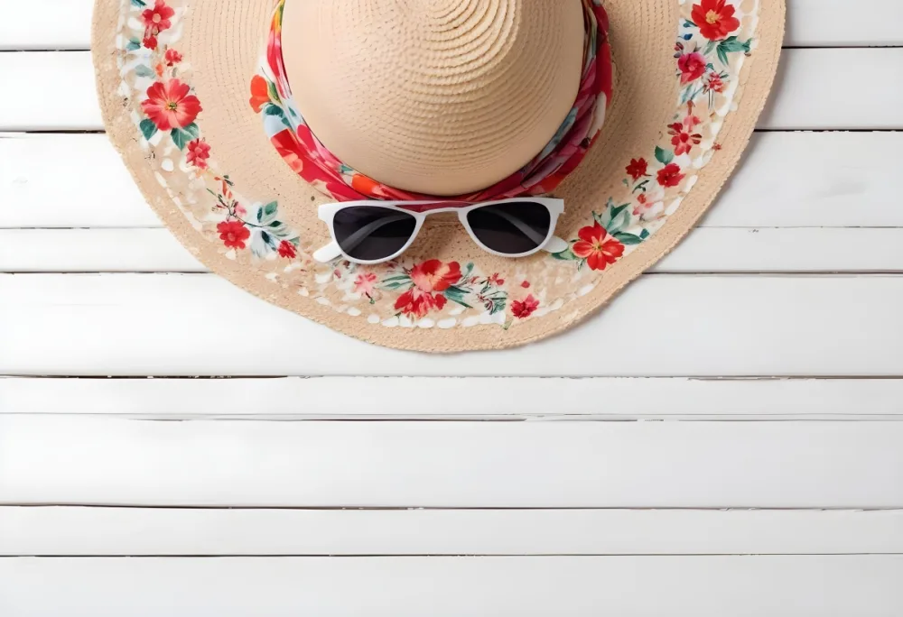 A White Sun Hat With A Floral Scarf And White Sunglasses On A White Wooden Surface Summer Vacation Concept Top View 25 987f