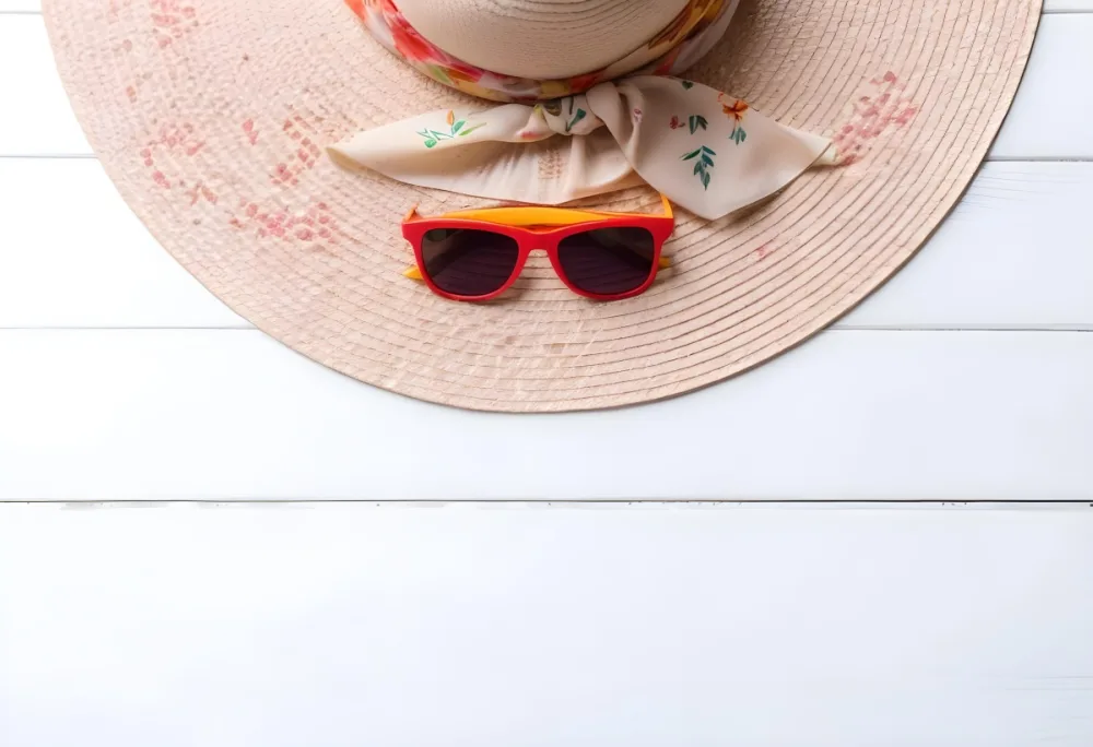 A White Sun Hat With A Floral Scarf And White Sunglasses On A White Wooden Surface Summer Vacation Concept Top View 30 A06b