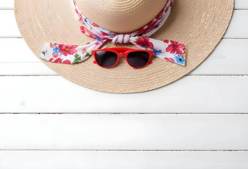 A White Sun Hat With A Floral Scarf And White Sunglasses On A White Wooden Surface Summer Vacation Concept Top View 31 B2d7