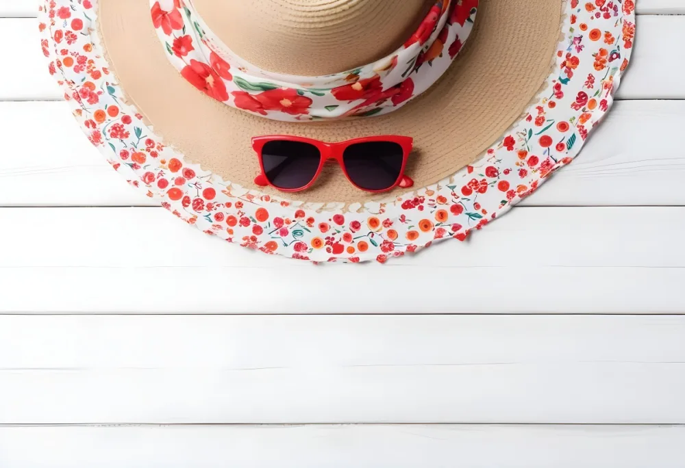 A White Sun Hat With A Floral Scarf And White Sunglasses On A White Wooden Surface Summer Vacation Concept Top View 33 Ca4e