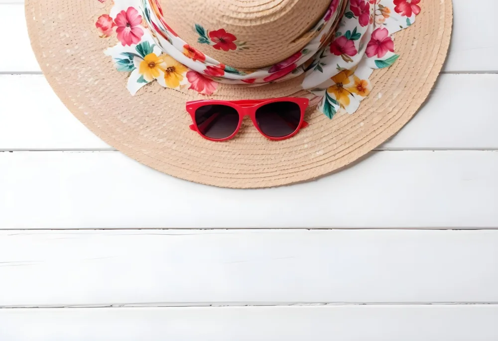 A White Sun Hat With A Floral Scarf And White Sunglasses On A White Wooden Surface Summer Vacation Concept Top View 5 1649