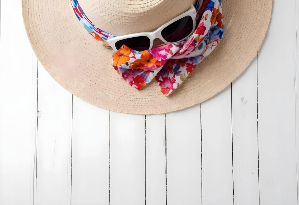 A White Sun Hat With A Floral Scarf And White Sunglasses On A White Wooden Surface Summer Vacation Concept Top View 6 6d62